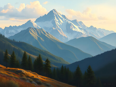 Majestic Mountain Peak at Sunset: A stunning panoramic view of a snow-capped mountain peak bathed in the golden light of sunset, with rolling hills and a forest in the foreground. - Powered by Adobe