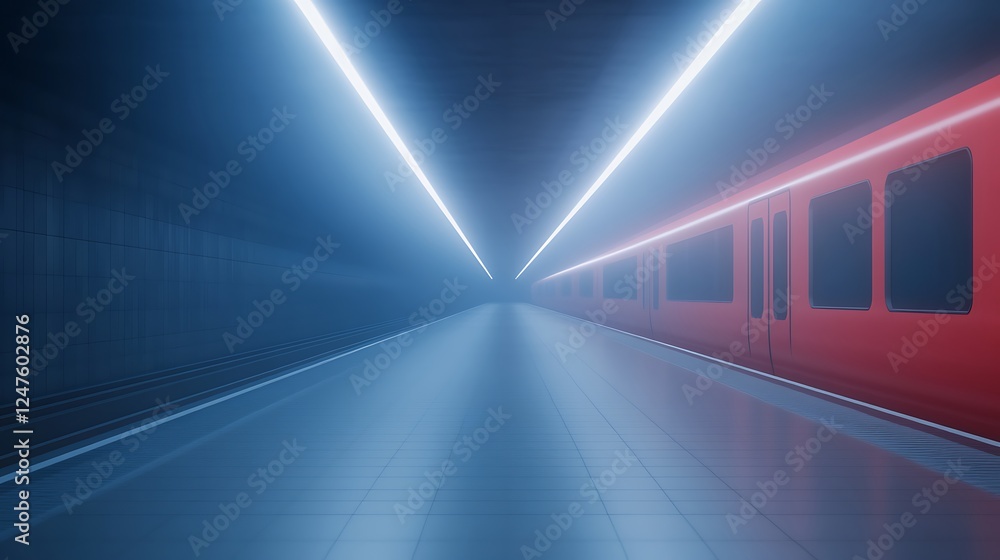 Aufkleber a dimly lit subway tunnel with bright lights and a red train in the background.