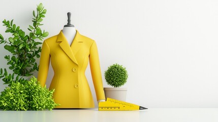 Stylish Yellow Blazer on Tailor's Dummy with Green Plants and Sewing Tools: A Fashionable Mood Board