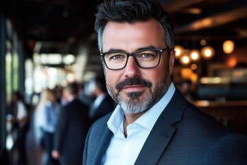 A confident businessman with glasses smiling in a modern office setting.