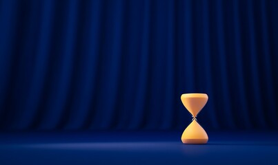 A golden hourglass against a deep blue curtain background, symbolizing the passage of time.
