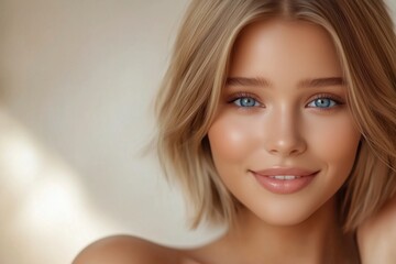 Fototapeta premium A young woman with blonde hair and blue eyes smiling softly against a neutral background.