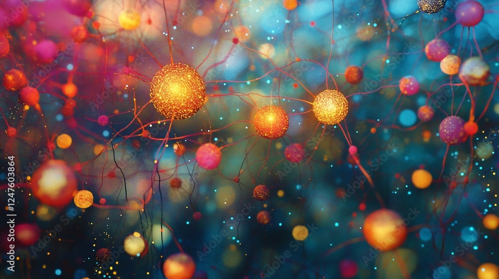 Poster abstract network of interconnected glowing spheres with tendrils and bokeh lights