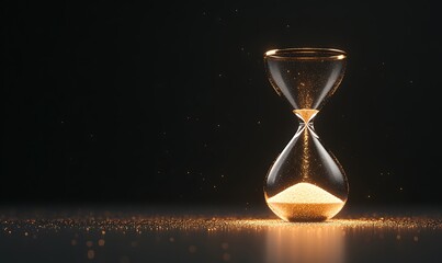 An hourglass with golden sand, symbolizing the passage of time against a dark background.