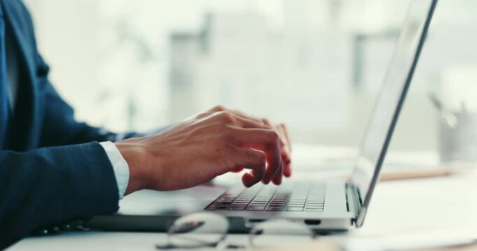 Hands, business and person typing on laptop for finance administration, planning schedule and feedback. Accountant, online and research with investment project, funding information and company budget