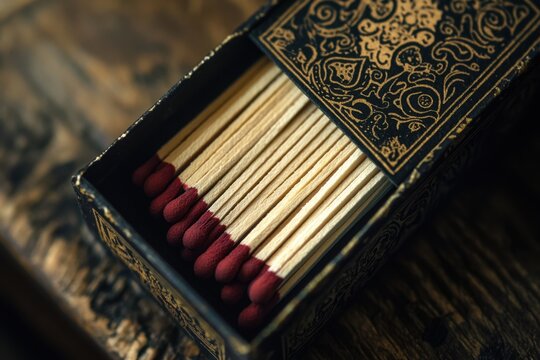 Open antique matchbox revealing carefully arranged wooden matches on a worn surface.