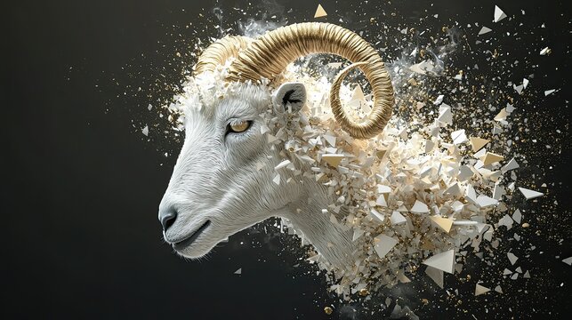 Sculptural representation of a ram's head emerging from a cloud of fragments in a modern artistic display