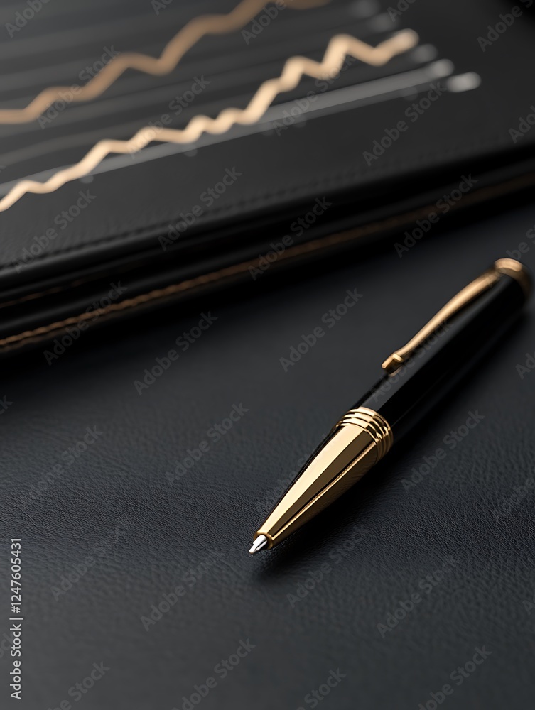Poster elegant pen resting on a sleek surface, accompanied by a financial graph in the background.