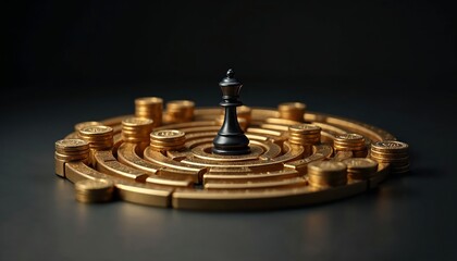 Stacks of gold coins in a circular maze,chess pawn, dark background, financial strategy, investment challenge 3D render 