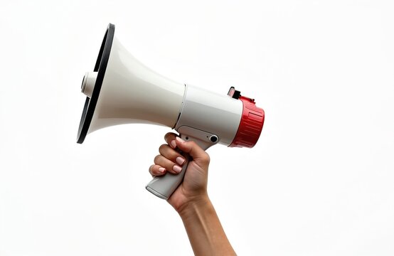Woman holds megaphone against white background. Public announcement concept. Communication device. Possible uses include advertising campaign, community alert, protest. Image suitable for media,