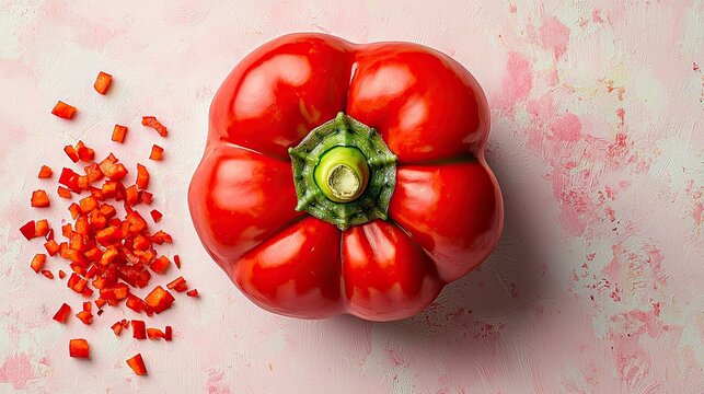 Fresh red bell pepper and chopped pieces on a pink background creating a vibrant culinary display