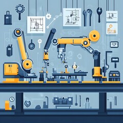 Automated Industrial Factory with Robotic Arms and Machinery for Metal Fabrication and Manufacturing