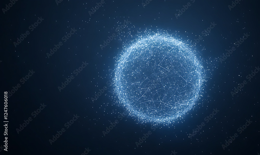 Poster glowing circular shape with luminous particles on a dark background, representing energy or technolo