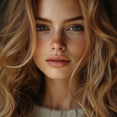 Naklejka premium A young woman with flowing, wavy hair poses softly against a dark background. Her natural look enhances her light freckles and vibrant blue eyes, creating an engaging expression
