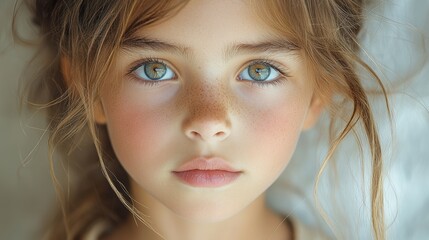 Naklejka premium A young girl with striking blue eyes and freckles looks directly at the camera with a thoughtful expression. Sunlight highlights her soft features, creating a serene atmosphere