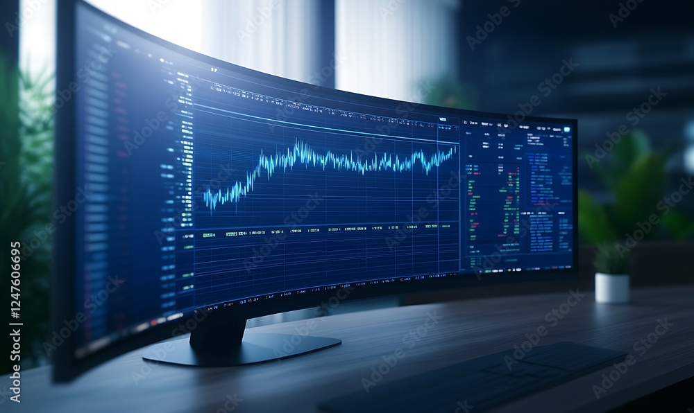 Poster Curved monitor displaying financial data and charts in a modern workspace.