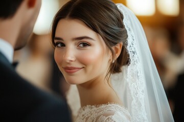 Naklejka premium Bride smiles, wedding ceremony, church, love