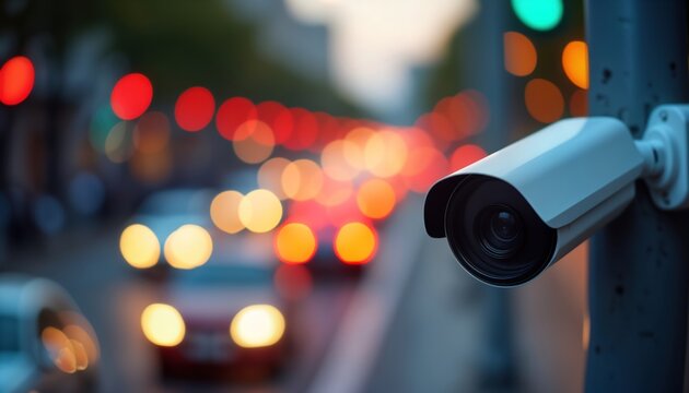 Modern security camera monitors busy city traffic at night. Urban surveillance system records movement, traffic flow. High-tech device captures vibrant light patterns from vehicles. Nighttime urban