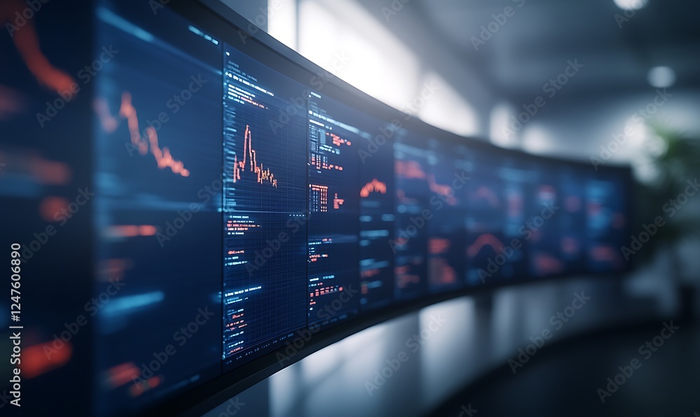 Aufkleber Modern data analysis display featuring digital stock market graphs and charts.