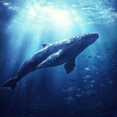 Majestic whale swimming underwater, sunbeams illuminating scene.