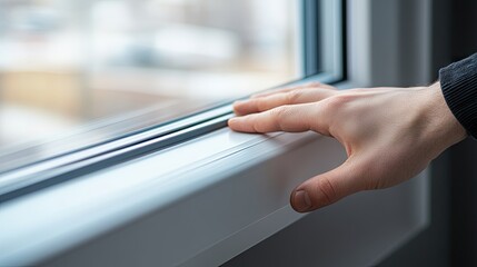 A window sill being inspected for cracks and any issues with sealing.