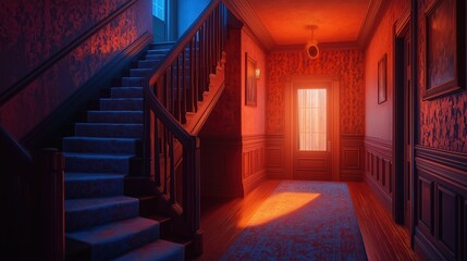 Obraz premium A dimly lit hallway features a grand wooden staircase leading to an upper level, while a warm glow emanates from an open door at dusk. Ornate wallpaper enhances the atmosphere