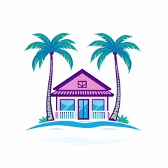 Obraz premium Tropical Beach House: A charming pink beach house nestled between two lush palm trees, idyllically situated by the ocean. This vibrant illustration evokes feelings of relaxation and escape. 
