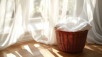 A woven laundry basket filled with fresh, clean curtains.