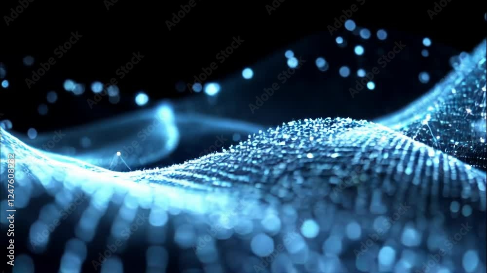 Poster abstract digital waveform with glowing particles and flowing light in blue