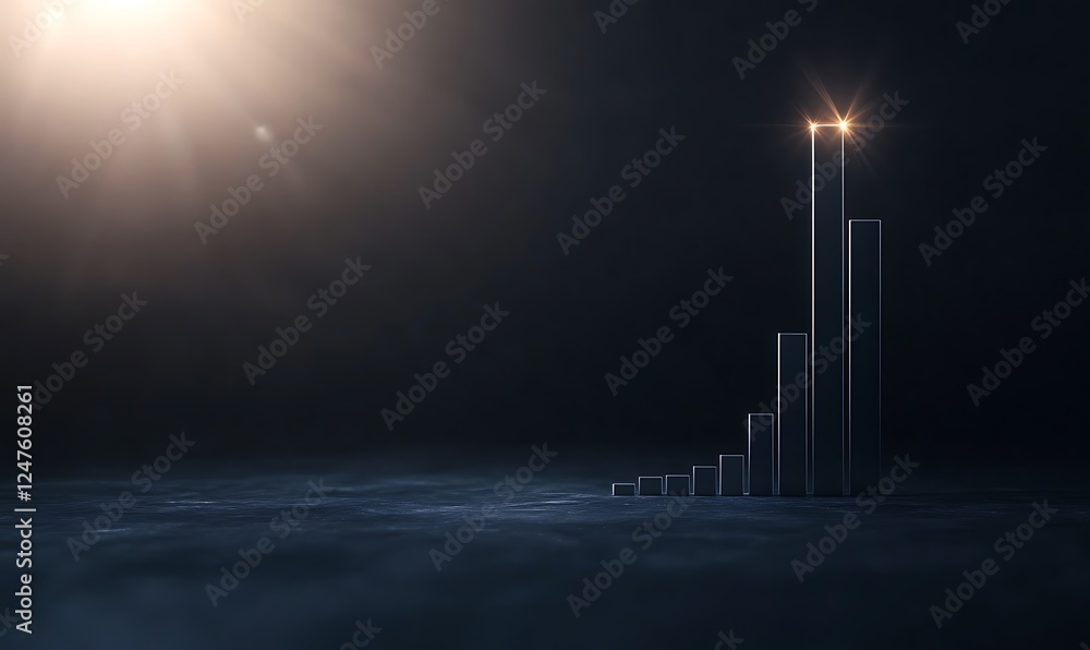 Poster futuristic abstract concept with rising metallic bars and glowing lights against a dark background.