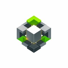 Obraz premium Abstract Cube Logo: A modern and minimalist logo design featuring an intricate arrangement of interconnected cubes in shades of gray and green. The central cube is white.