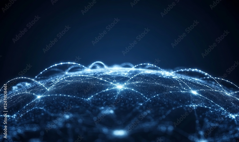Poster Abstract digital network with glowing nodes and connections on a dark background.