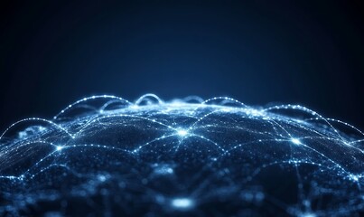 Abstract digital network with glowing nodes and connections on a dark background.