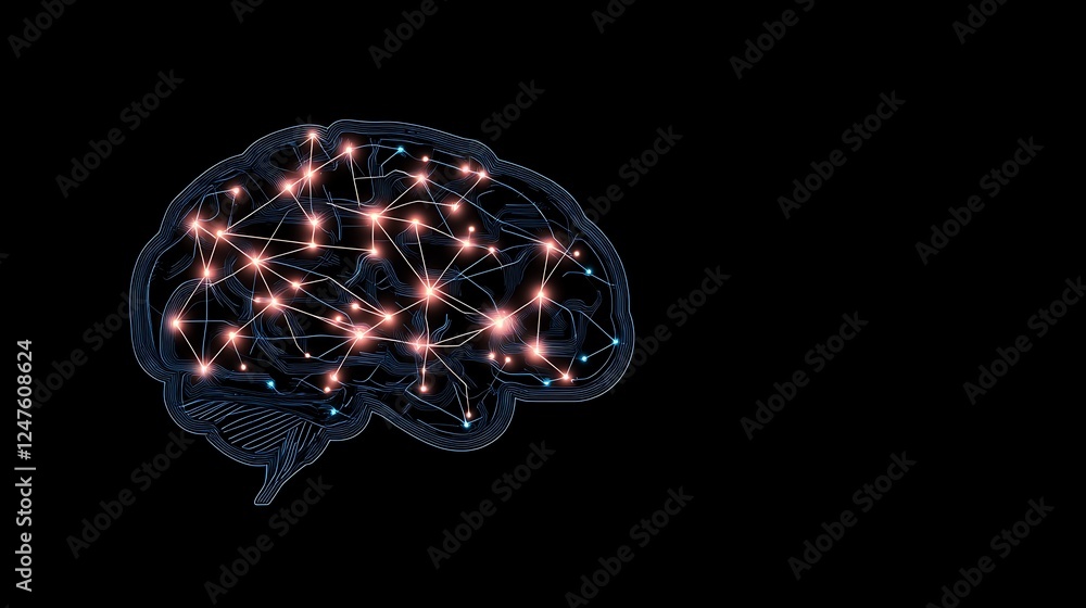 Aufkleber neon brain illustration with interconnected nodes and glowing elements on a dark background.