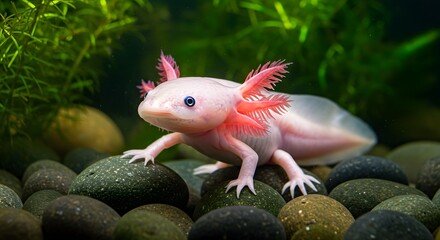 Enchanting axolotl portrait amidst aquatic flora and cobblestone habitat