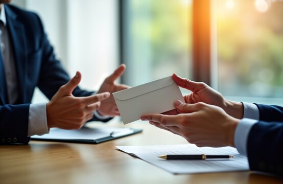 Business people offer envelope to lawyer in office. Lawyer refusing bribe. Anti-corruption concept. Pro people in office setting. Legal process. Corruption issue. Ethical conduct in business. Honest,