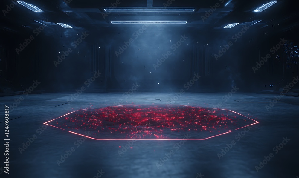 Fototapete futuristic dark space with glowing red hexagonal pattern on the floor and dramatic lighting.