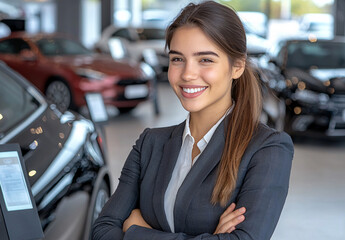 Car sales professional smiling in auto dealership showroom automotive business indoor environment