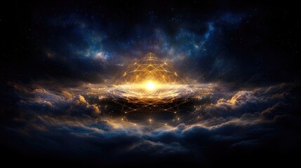 Fototapeta premium Celestial Pyramid Night Sky, Clouds, Golden Light, Abstract Artwork, Spiritual Background