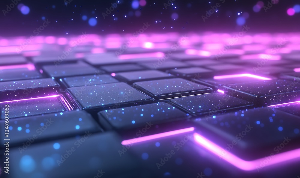 Poster futuristic digital surface with glowing tiles and vibrant colors, creating a tech-inspired atmospher