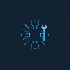 Obraz premium Tech Support Abstract: A captivating abstract illustration representing technical support and problem solving. A wrench symbolizing repair sits atop a circuit board, encircled by intricate lines.