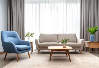 Fototapeta premium Cozy living room setup modern apartment interior design bright environment wide angle home comfort