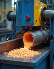 Industrial PVC plastic granules melted, extruded into pipe shapes by machine. Molten plastic flows into metal pipe. Factory setting shows manufacturing process. Production of PVC pipes visible.