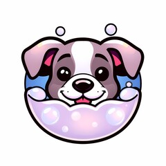 Naklejka premium Happy Dog in a Bubble Bath: This adorable cartoon dog with big, bright eyes is taking a bubble bath! The illustration is perfect for pet care businesses, dog grooming services, and products for dogs.