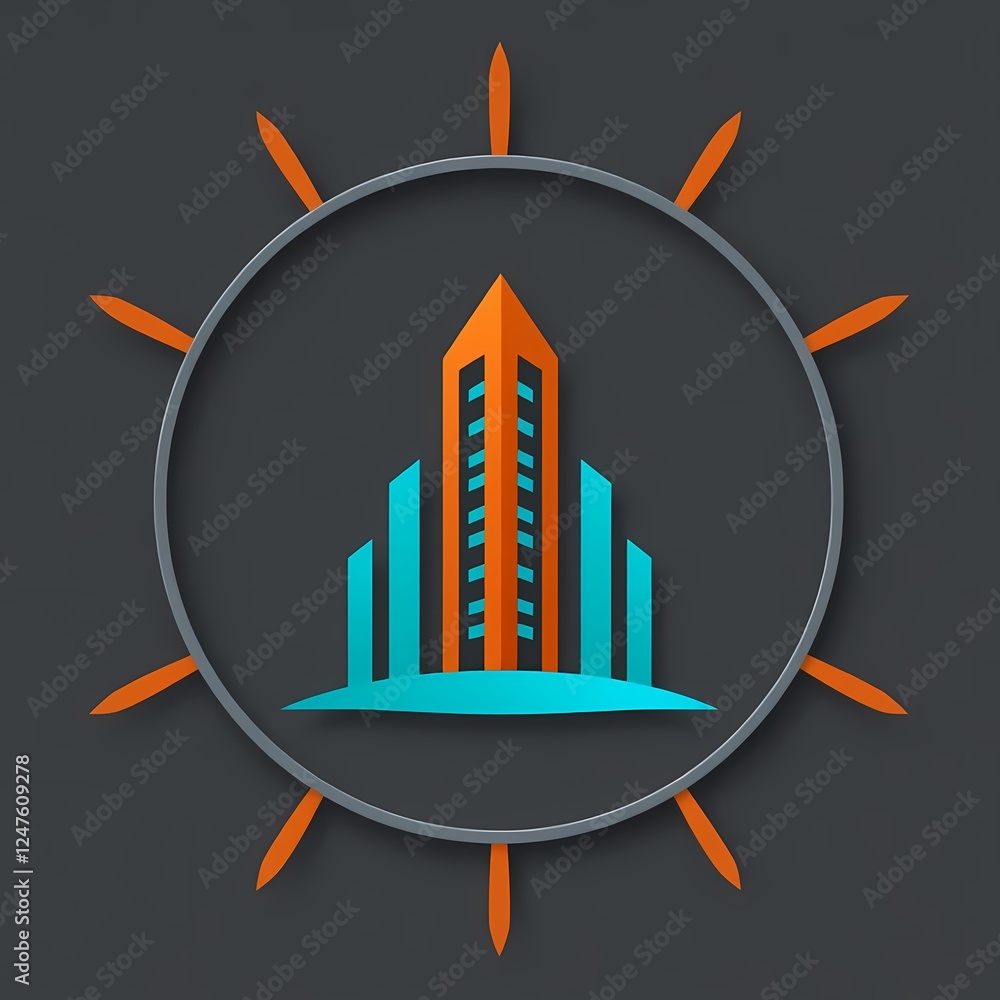 Poster cityscape in a circle: a stylized, abstract representation of a cityscape featuring a towering skysc