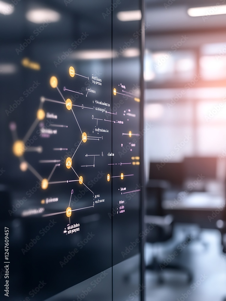 Poster Digital interface displaying data connections in a modern office environment.