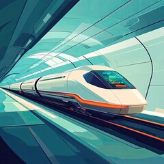 Fototapeta premium High-speed train entering a modern, futuristic subway station.