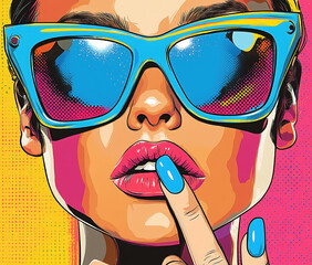 Colorful pop art poster of a beautiful woman in outrageous sunglasses with a finger to her lips.