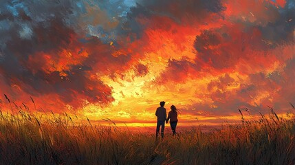 Fototapeta premium Couple embracing sunset open field digital art serene landscape side view love and connection