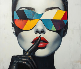 Colorful pop art poster painting of a beautiful woman in outrageous sunglasses with a finger to her lips.